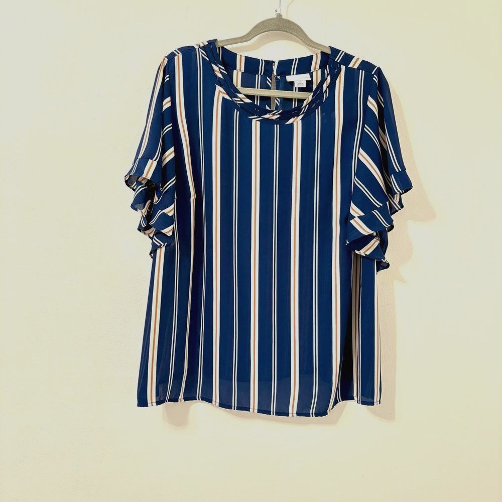 Liz Claiborne Blue Striped Ruffle Sleeve Blouse Sz 1X